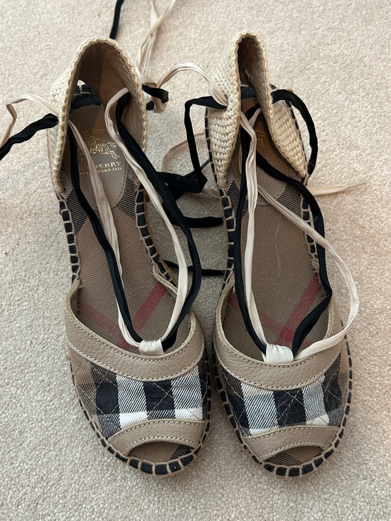 Burberry Shoes - Burberry Tan Black Check Lace-Up Espadrille Wedges